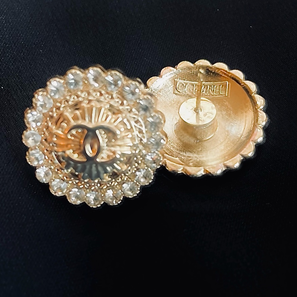 Luxury Gold/Rhinestone Upcycled Logo Button Earrings 20mm - Picture 2 of 2